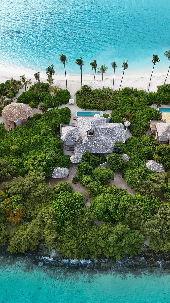 Vue aérienne d'une villa de l'hôtel, Soneva Secret