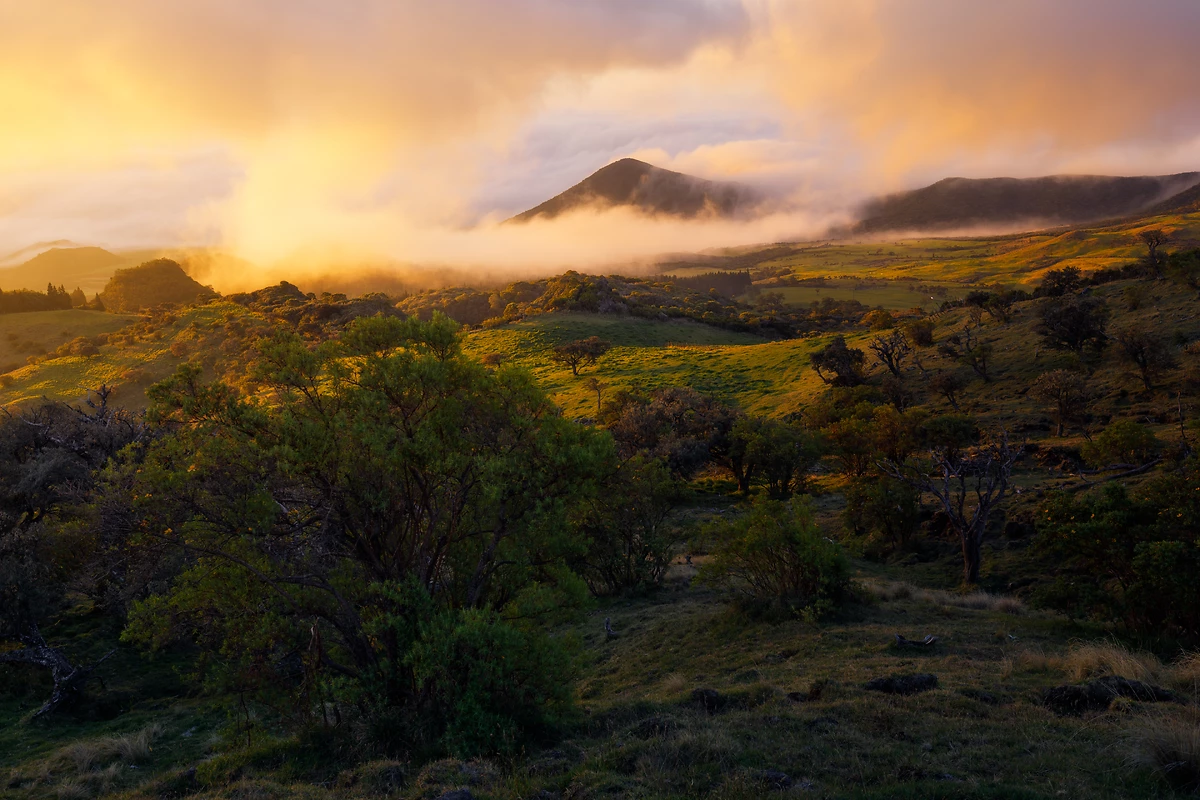 Coucher de soleil sur la Plaine des Cafres, Île de la Réunion, France
