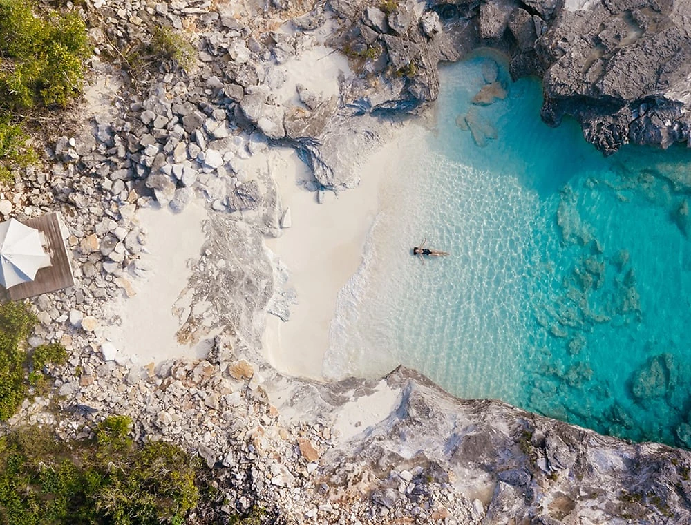 Vue aérienne de la plage de l'hôtel, Amanyara