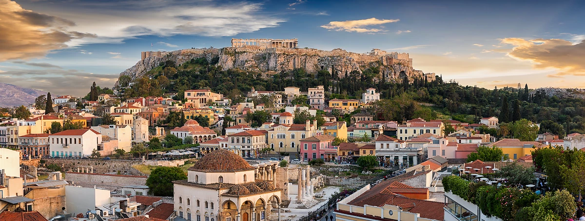 Vue sur la vieille ville et le temple du Parthénon de l'Acropole, Athènes