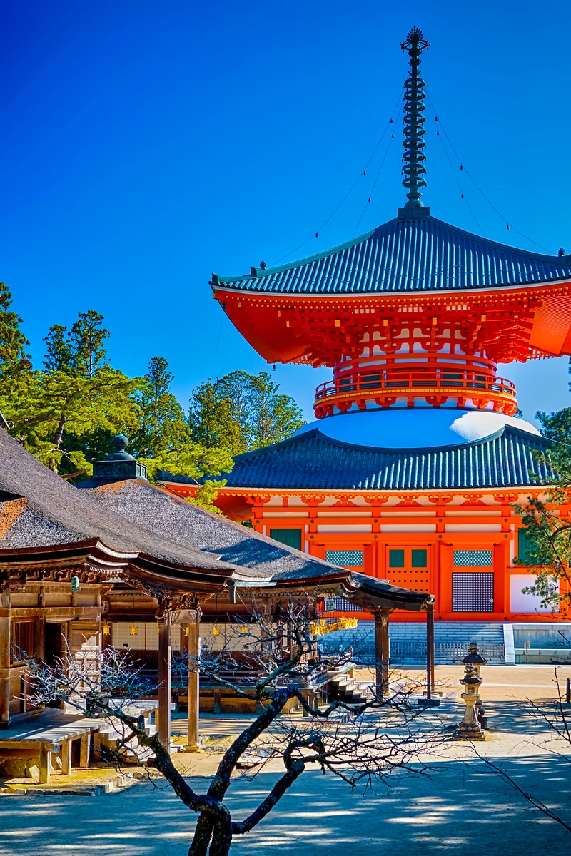 Vue du complexe sacré Danjo Garan avec Konpon Daito au mont Koya, Japon