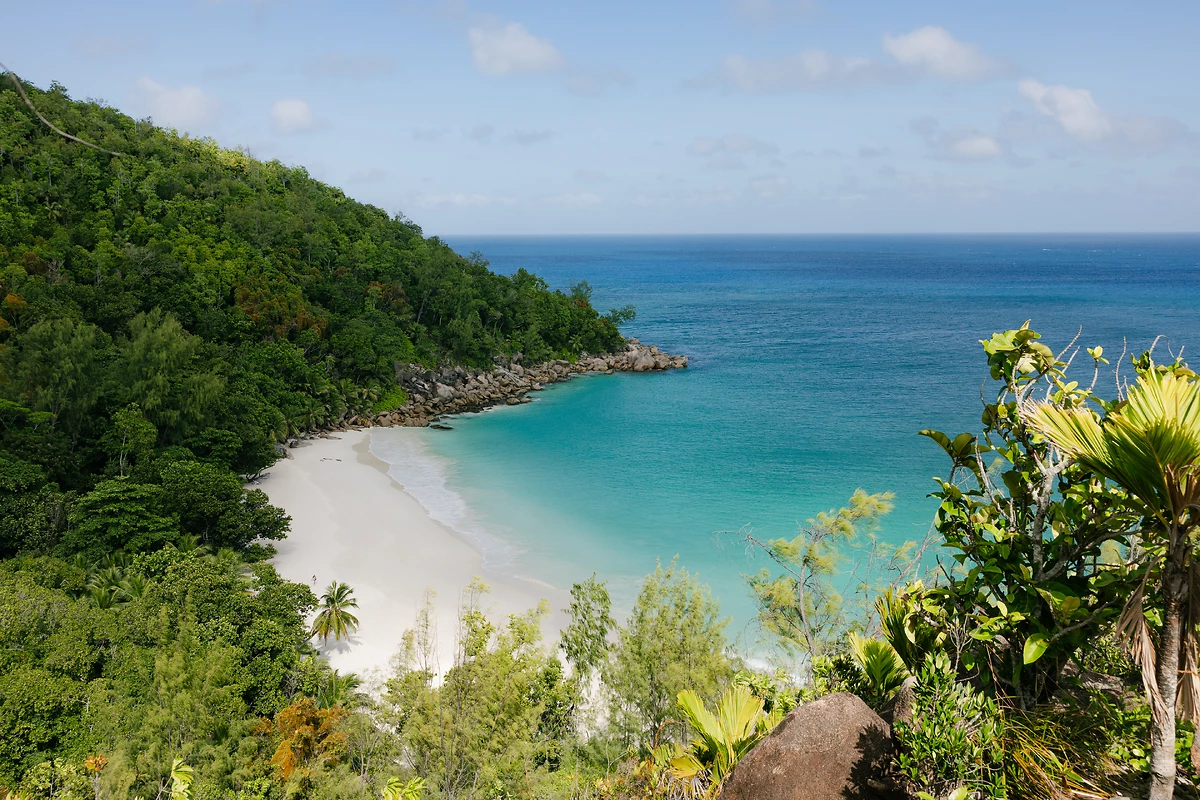 Vue aérienne sur la plage, La Réserve Seychelles Private Homes, Praslin, Seychelles